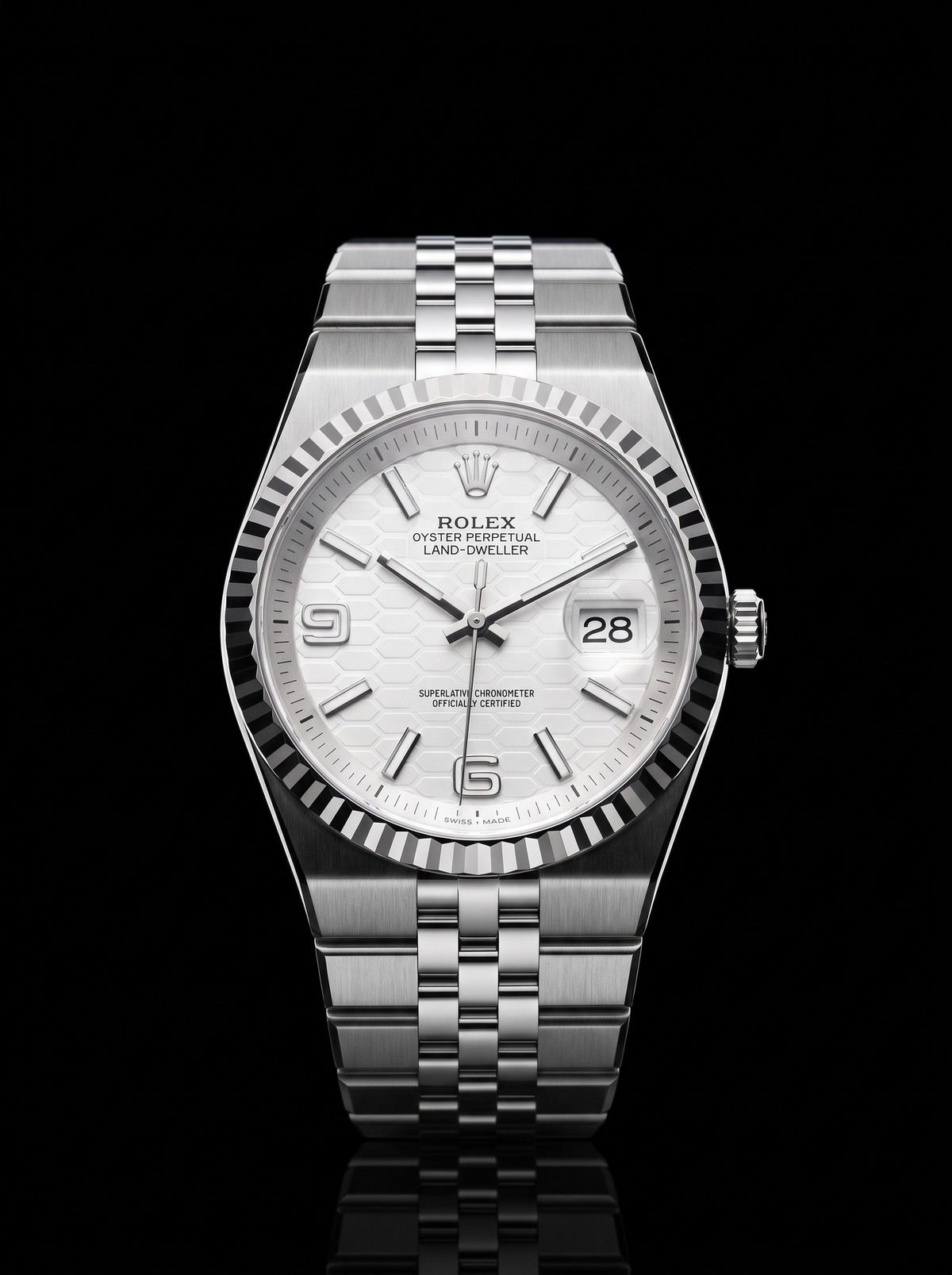 Rolex Land-Dweller 40mm Intense White Honeycomb Dial White Rolesor Flat Jubilee 127334 – New 2026