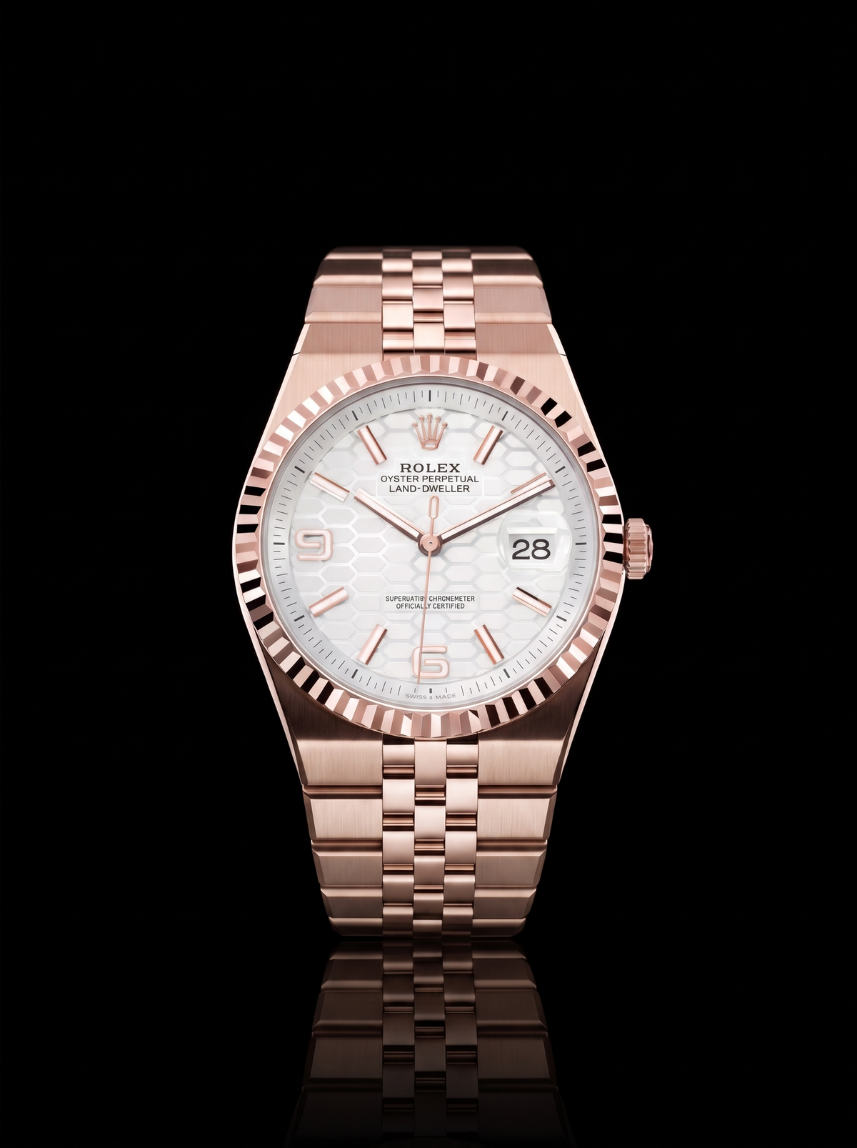 Rolex Land-Dweller 40mm Intense White Honeycomb Dial Everose Gold Flat Jubilee 127335 – New 2026