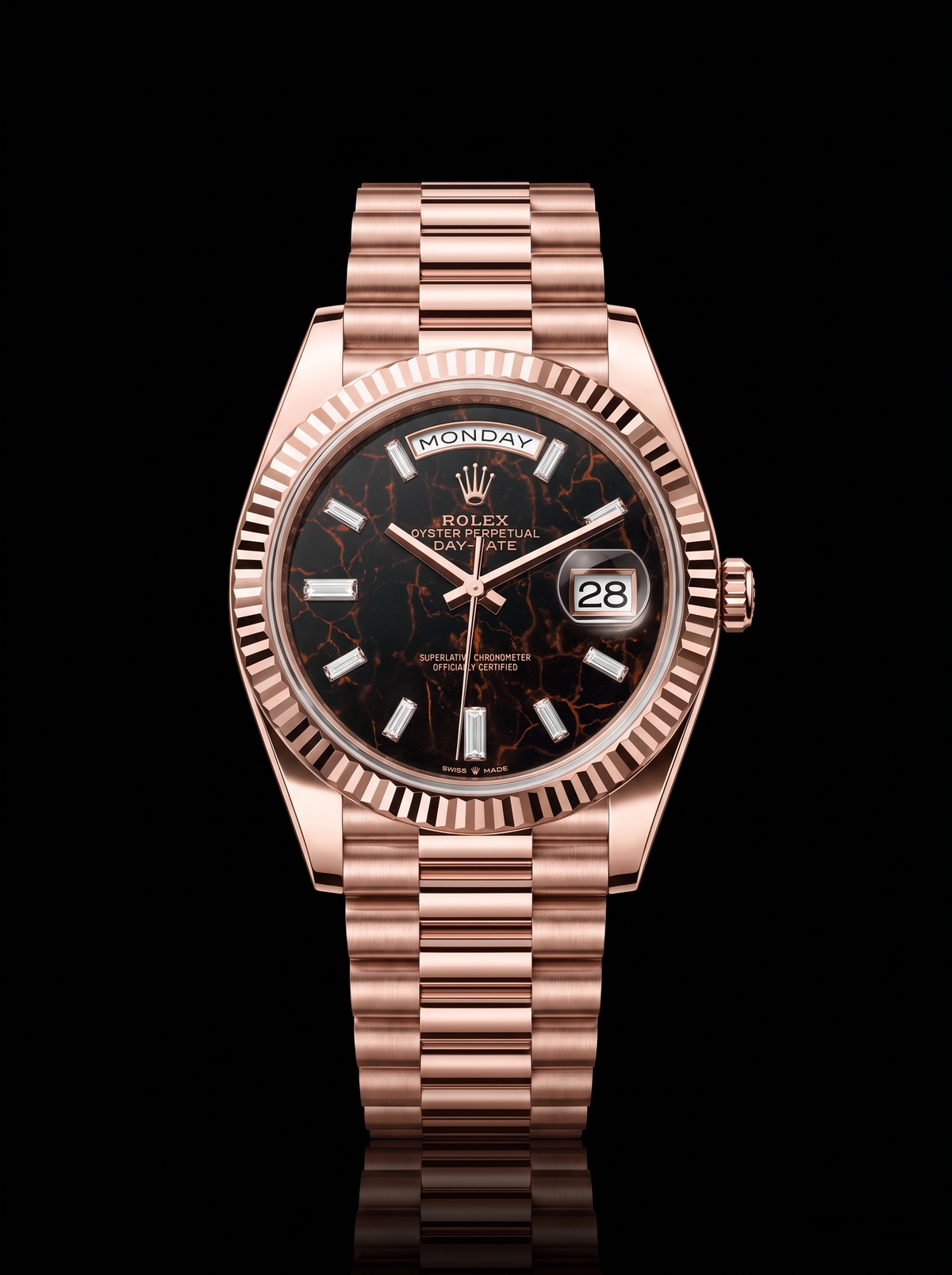 Rolex Day-Date 40mm Eisenkiesel Baguette Diamond Dial Everose Gold President 228235 – New 2026