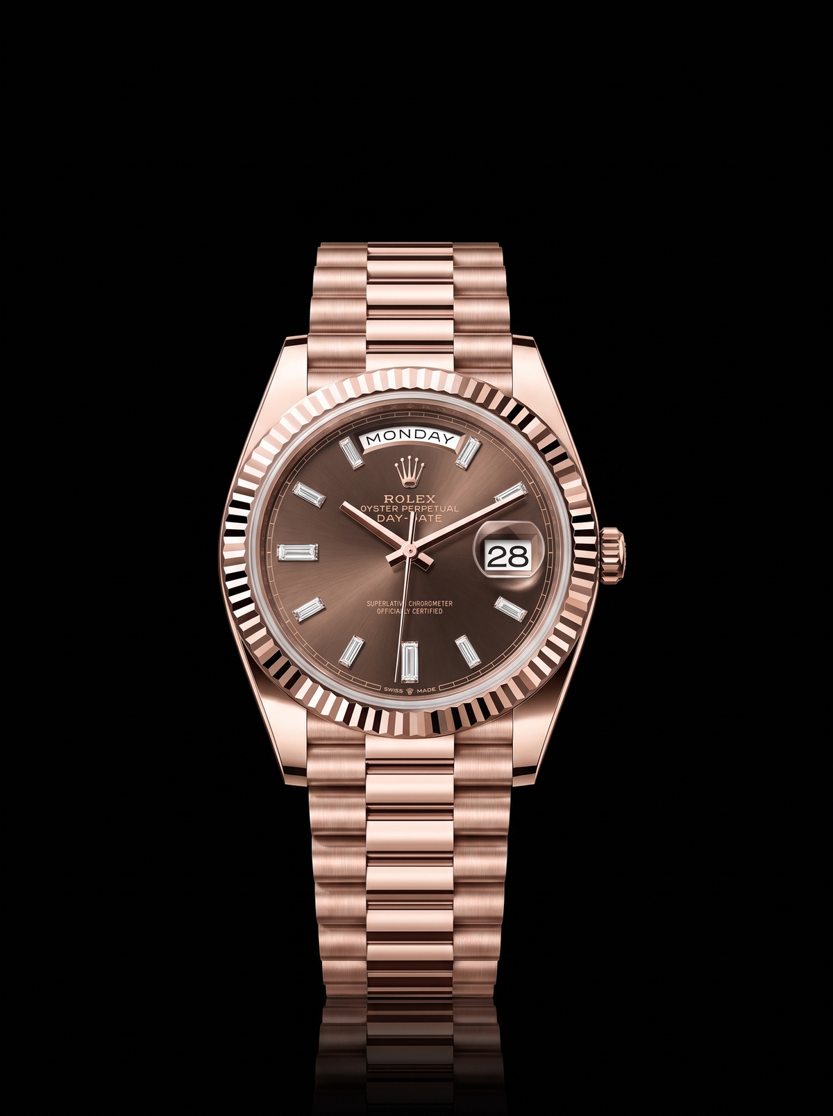 Rolex Day-Date 40mm Chocolate Baguette Diamond Dial Everose Gold President 228235 – New 2026