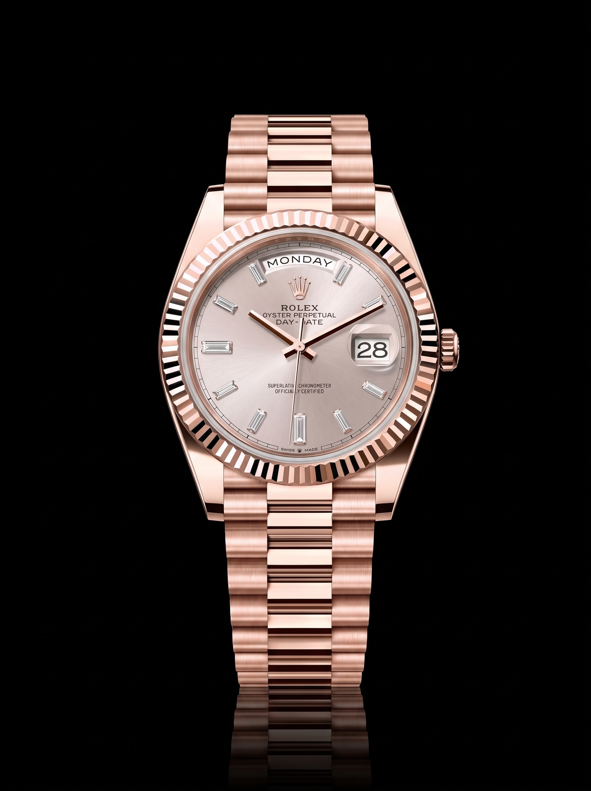 Rolex Day-Date 40mm Sundust Baguette Diamond Dial Everose Gold President 228235 – New 2026