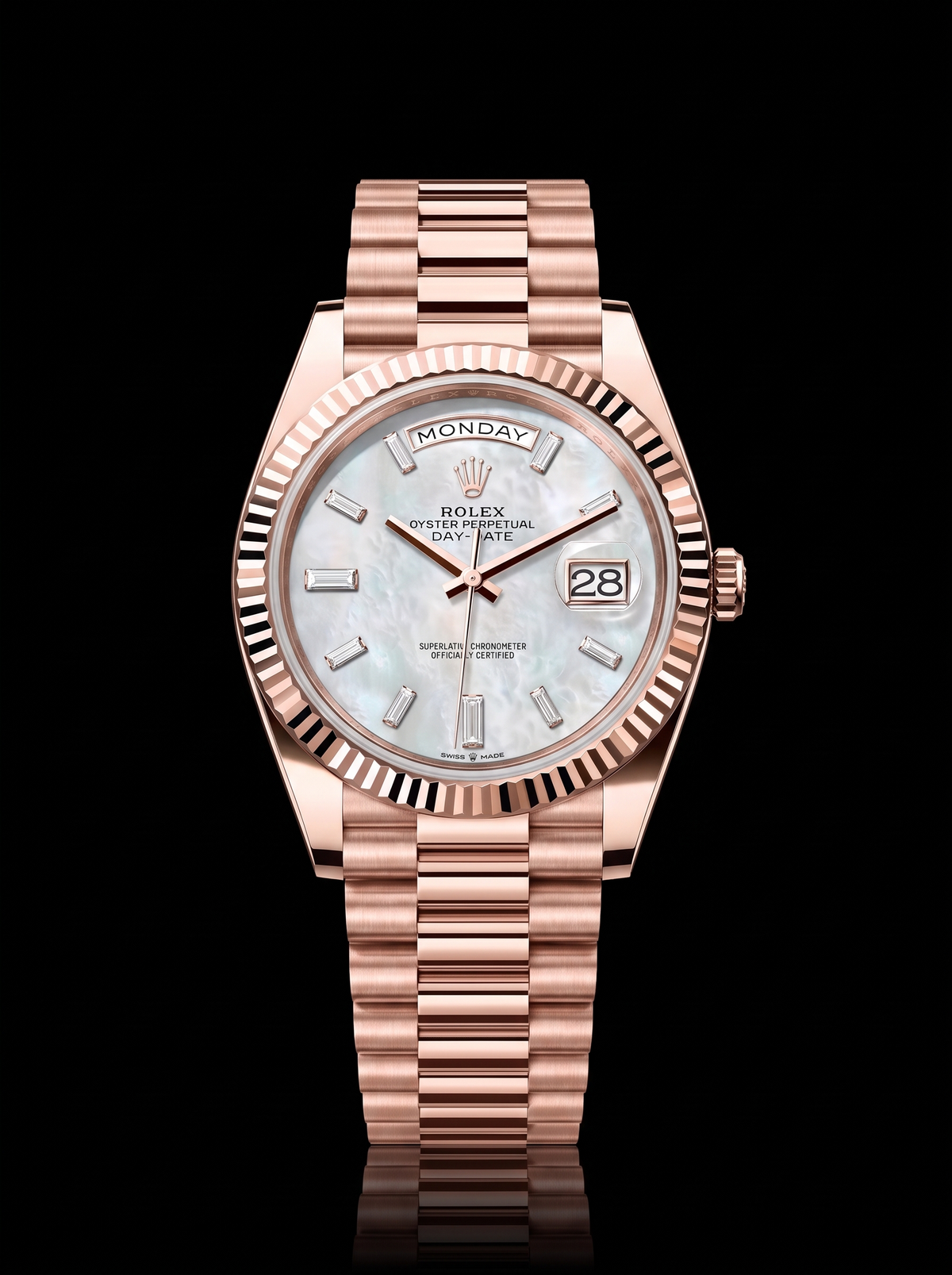 Rolex Day-Date 40mm White Mother-of-Pearl Baguette Diamond Dial Everose Gold President 228235 – New 2026