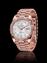 Rolex Day-Date 40mm White Mother-of-Pearl Baguette Diamond Dial Everose Gold President 228235 – New 2026