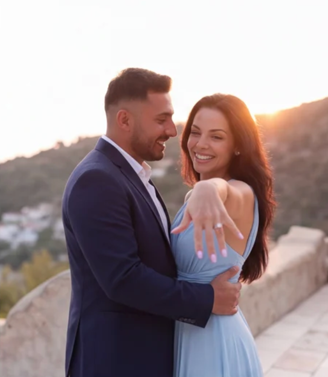 Happy couple showing an engagement ring